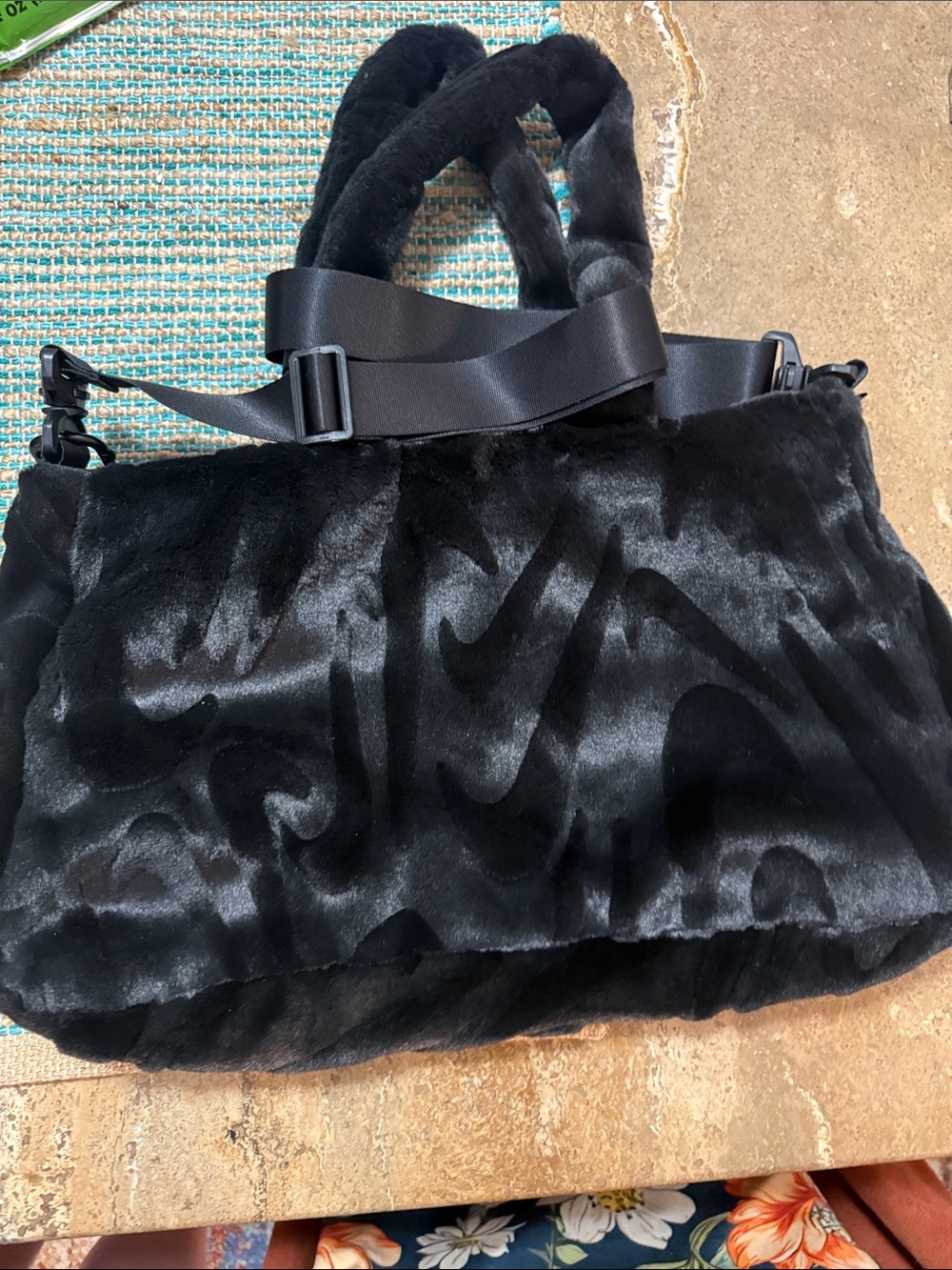 NWOT Nike Black Faux Fur Tote Bag with Adjustable Strap Gorgeous